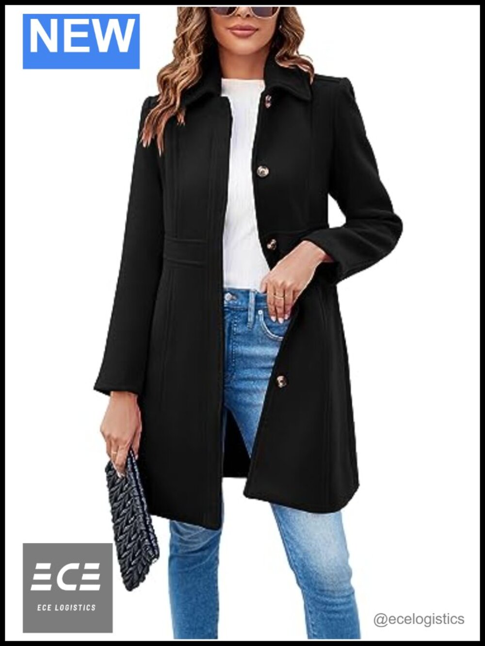 Fisoew Single Breasted Pea Coat Polyester Lined Winter Work Office Coat